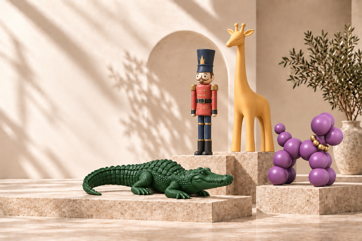 Nutcracker, giraffe, gorilla and alligator sculpture concepts in a warm studio